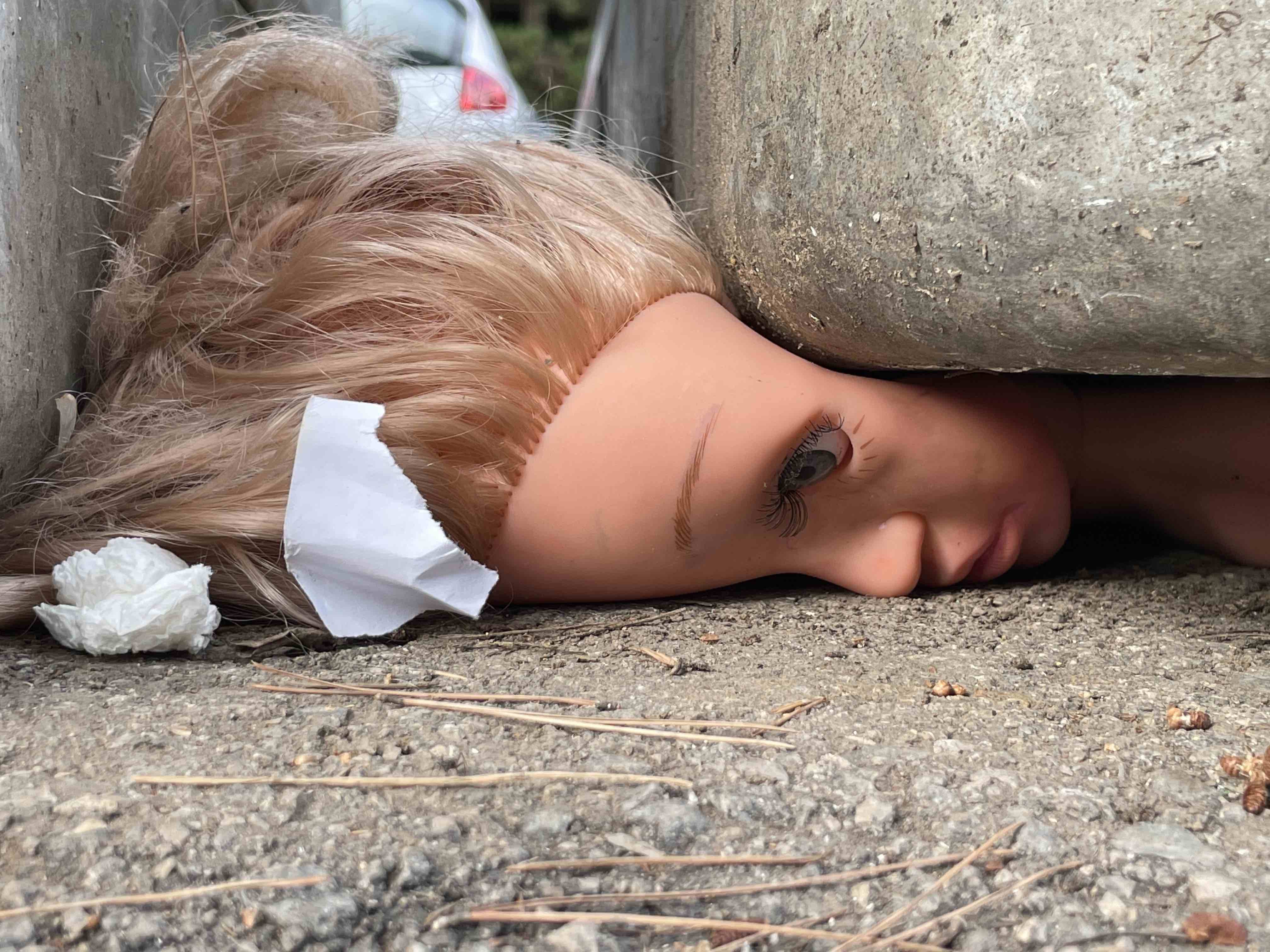 Face of a female doll under trash can